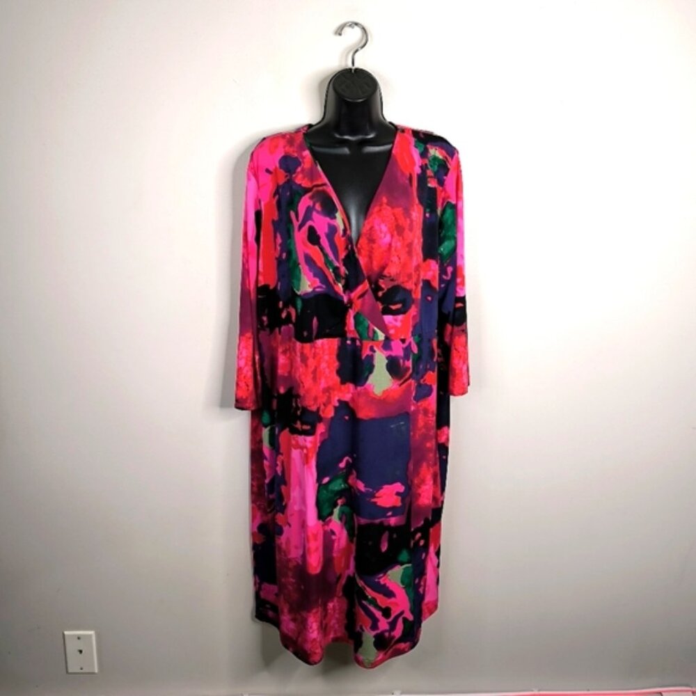 Nina Leonard Lennie Abstract Floral Artsy Boho Chic Tie Dye Faux Wrap Dress 3X